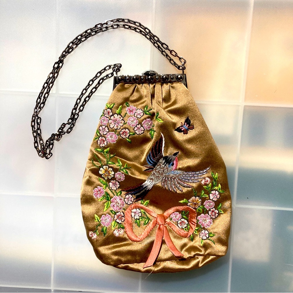 Valentino Garavani Vintage Silk Floral Bird Embroidery Small Purse Authentic